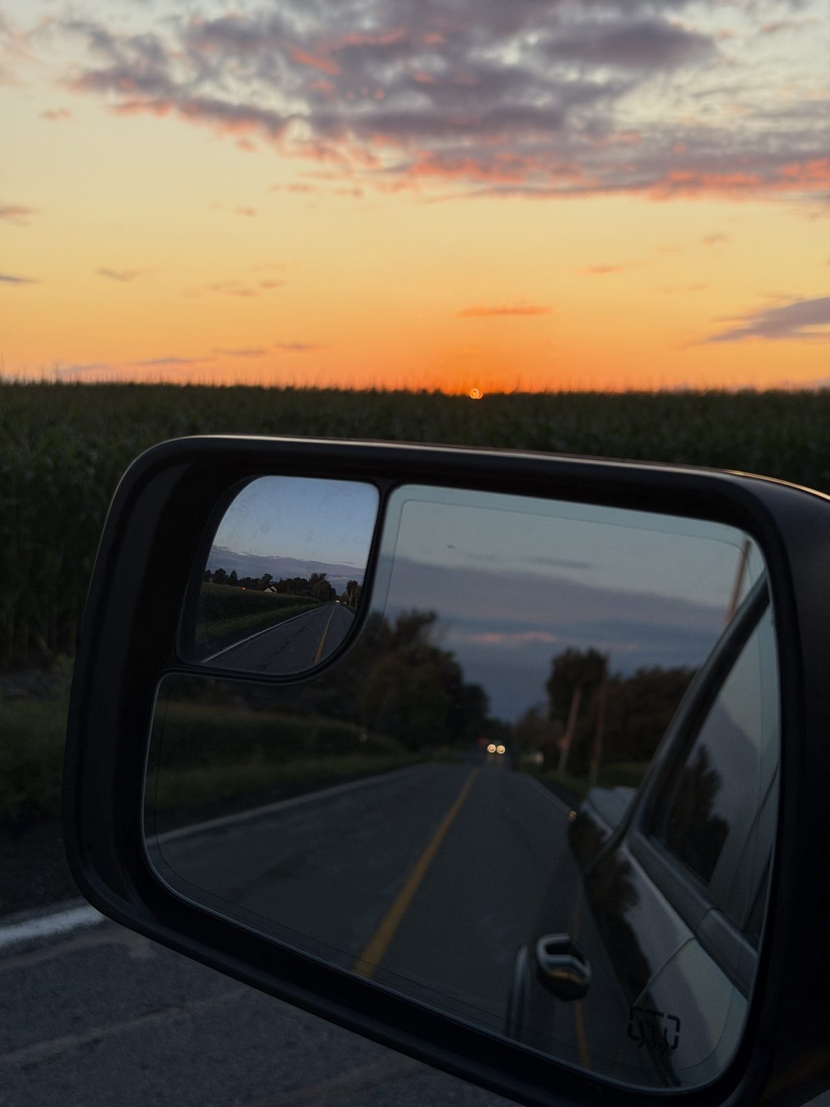 Sunset in the mirror, heading west