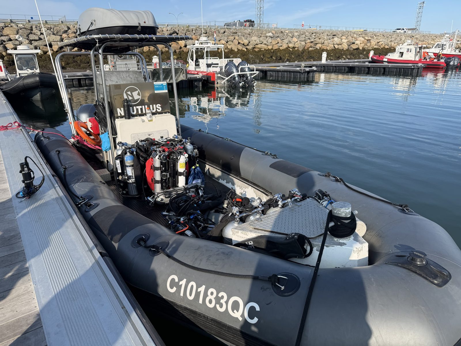 Rebreathers loaded on the RIB