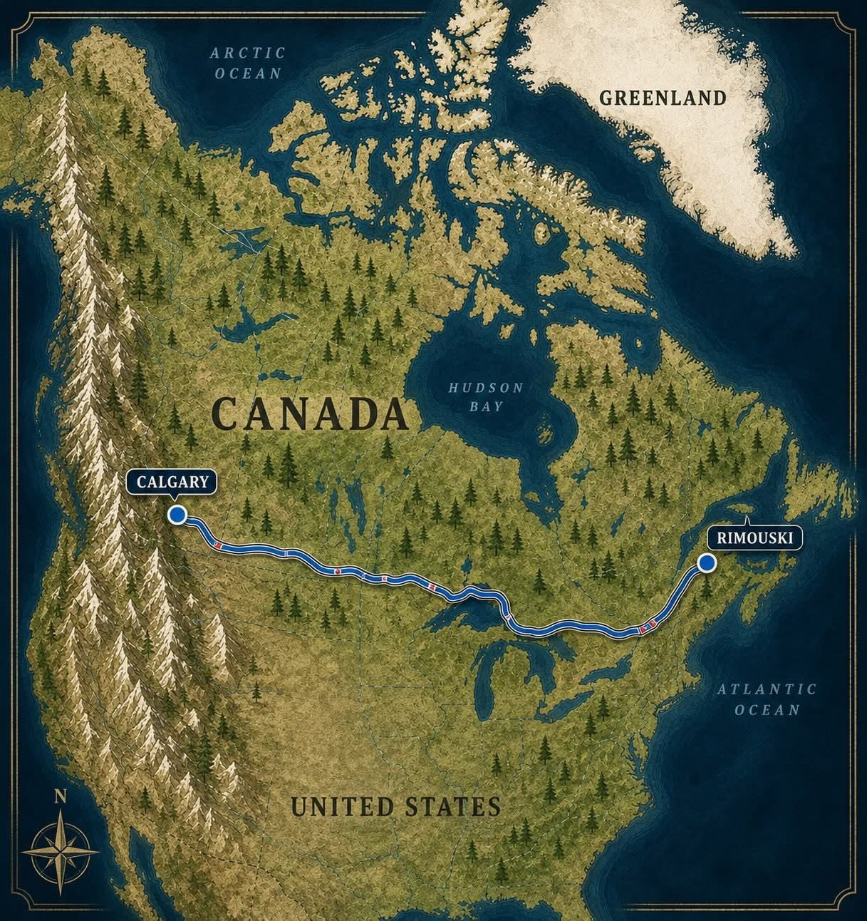 The route: Calgary to Rimouski