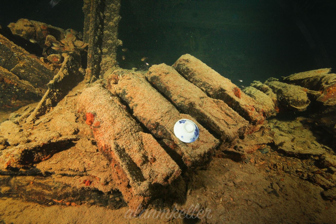 A porcelain bowl resting among the bombs