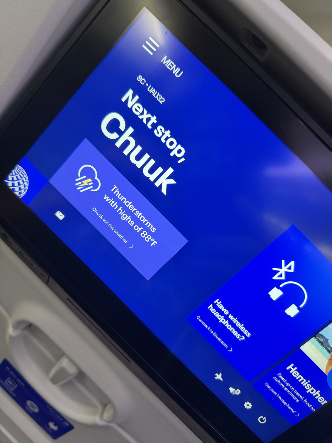 Seat-back screen: Next stop, Chuuk